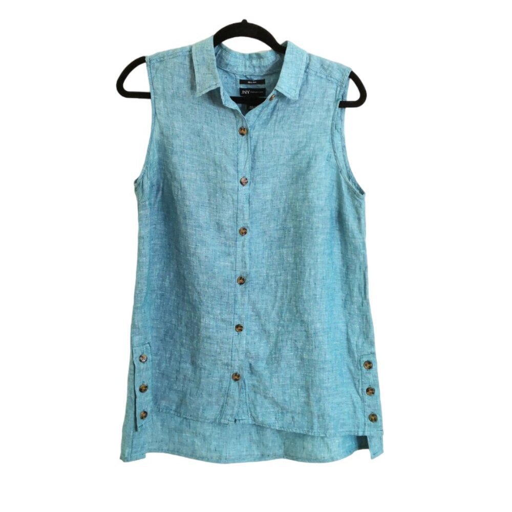 Like New JNY 100% Linen Sleeveless Side Button Top Teal Green Size L